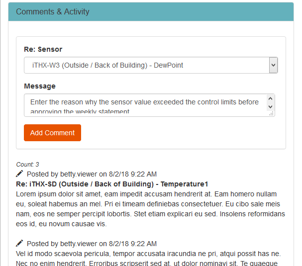 Sensor Comment Web Portal Snippet